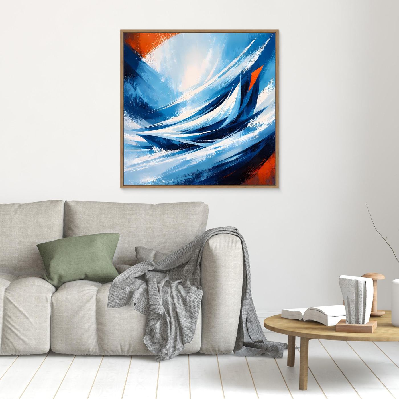 Abstraktes Leinwandbild mit Wellen in Blau und Orange, goldbrauner Holzrahmen.