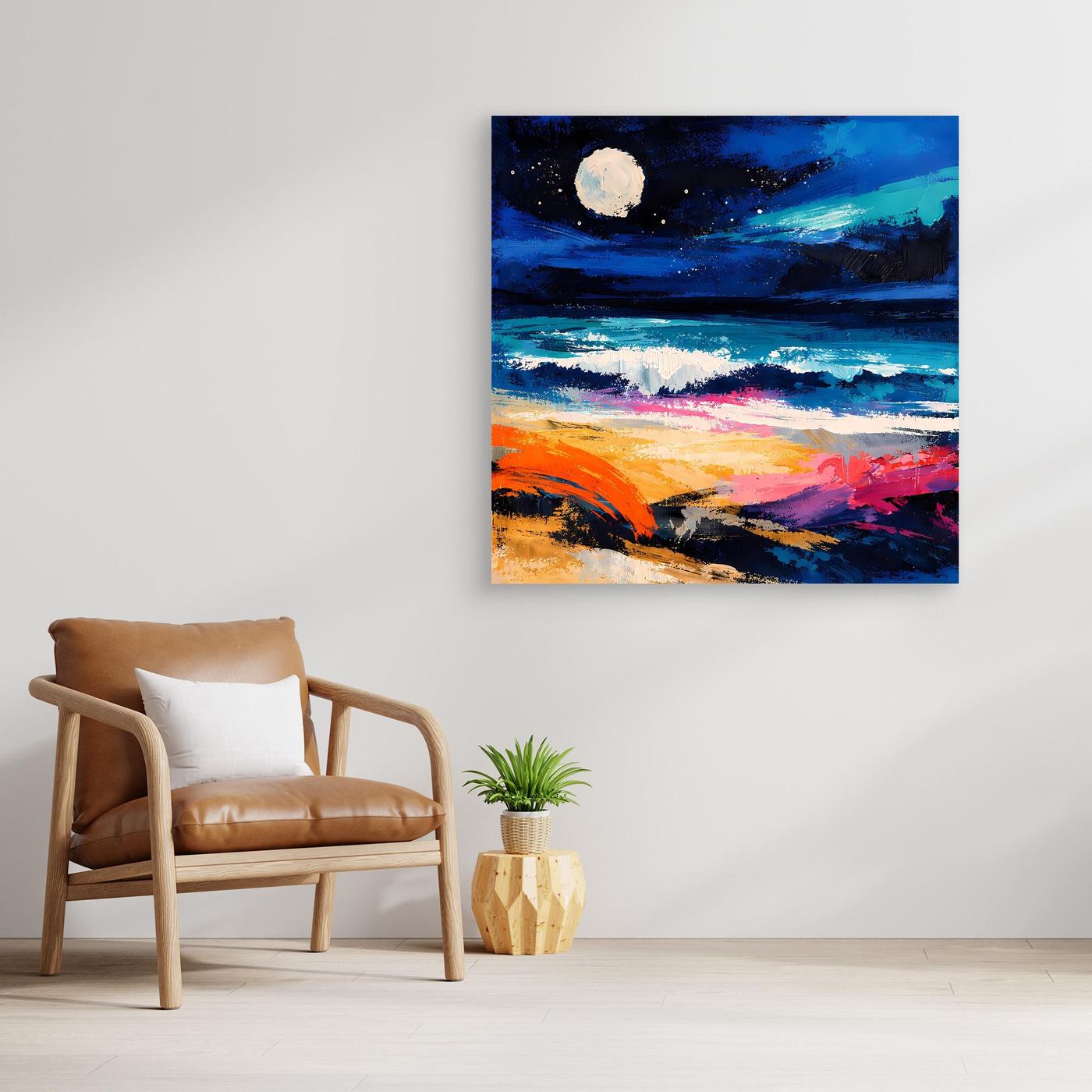 Abstraktes Küsten-Leinwandbild mit Vollmond, Meer und Strand, Blau, Orange und Pink, Holzrahmen