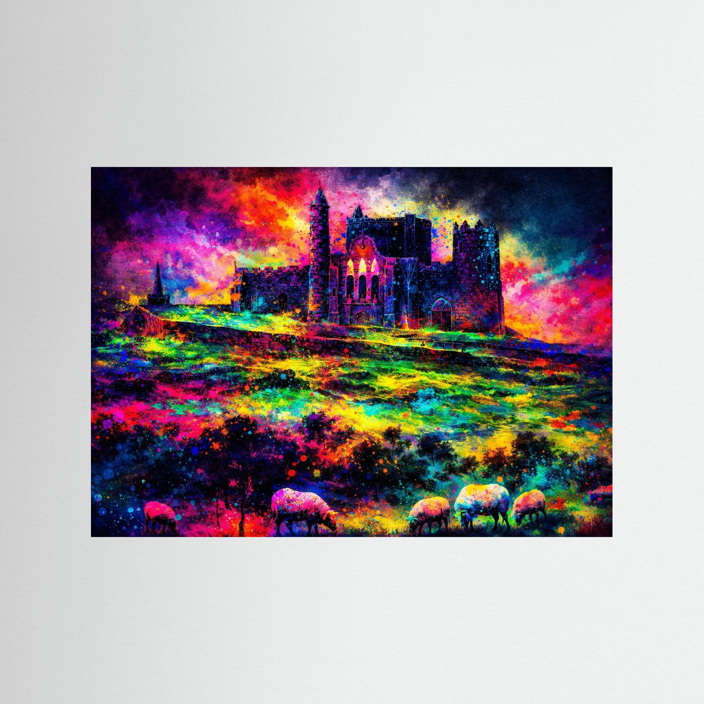 Farbgewaltige Irische Burg mit Schafen | Irland Festung & Natur Poster Querformat