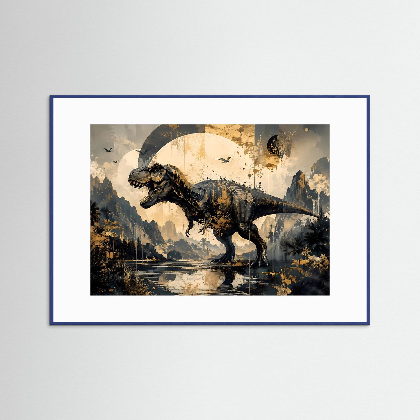 T-Rex Dinosaurier Poster | Abstrakte Jurassic Wandkunst in Schwarz Gold | Moderner Tyrannosaurus Kunstdruck
