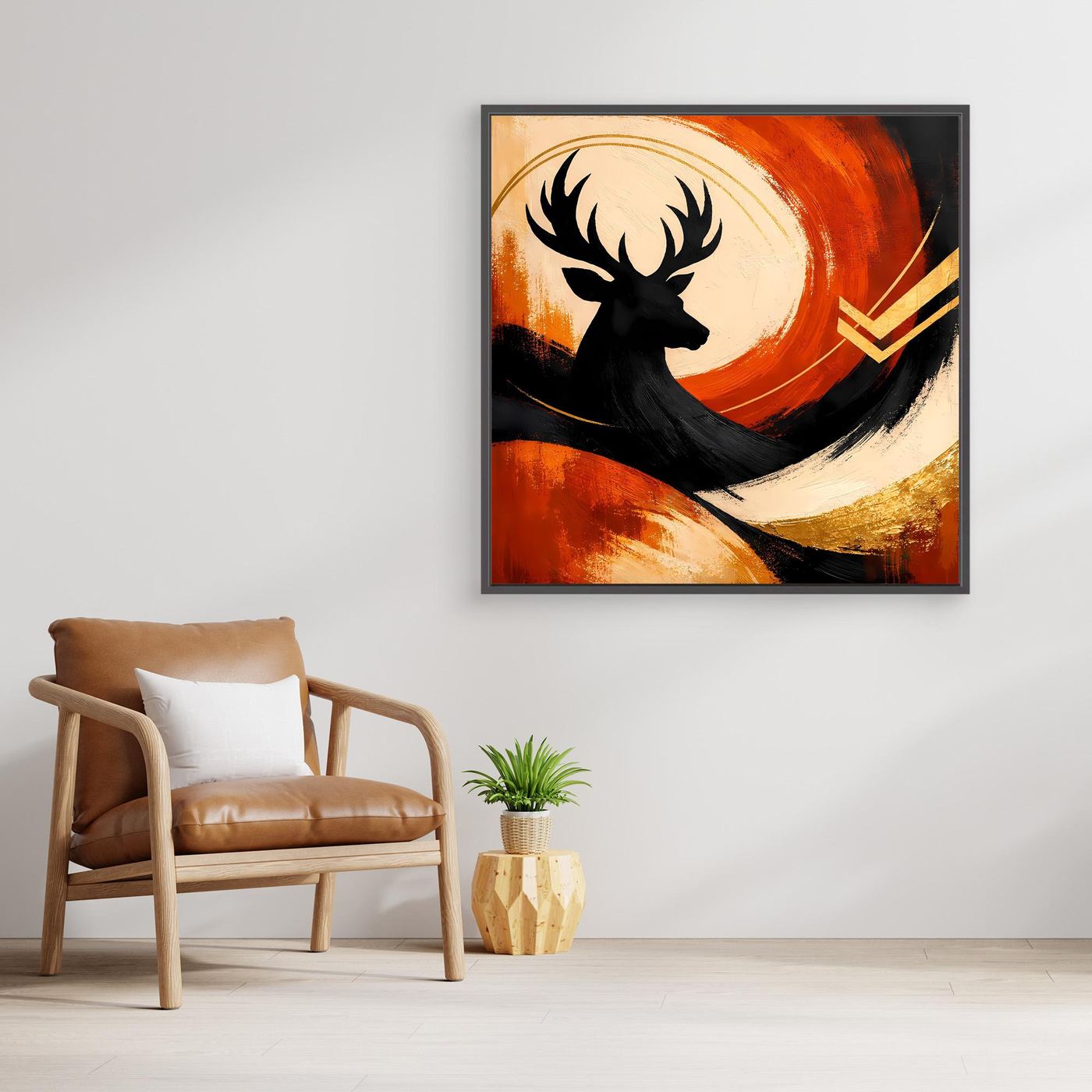 Leinwandbild mit Hirschsilhouette, orange-goldener Abstraktion, dunkler Rahmen