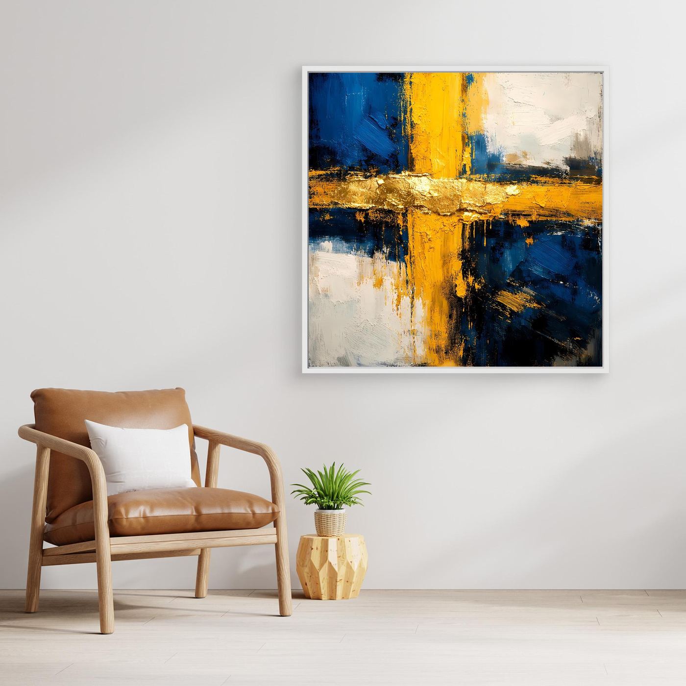 Abstraktes Leinwandbild mit Kreuz-Optik in Blau, Gelb und Gold, weißer Rahmen