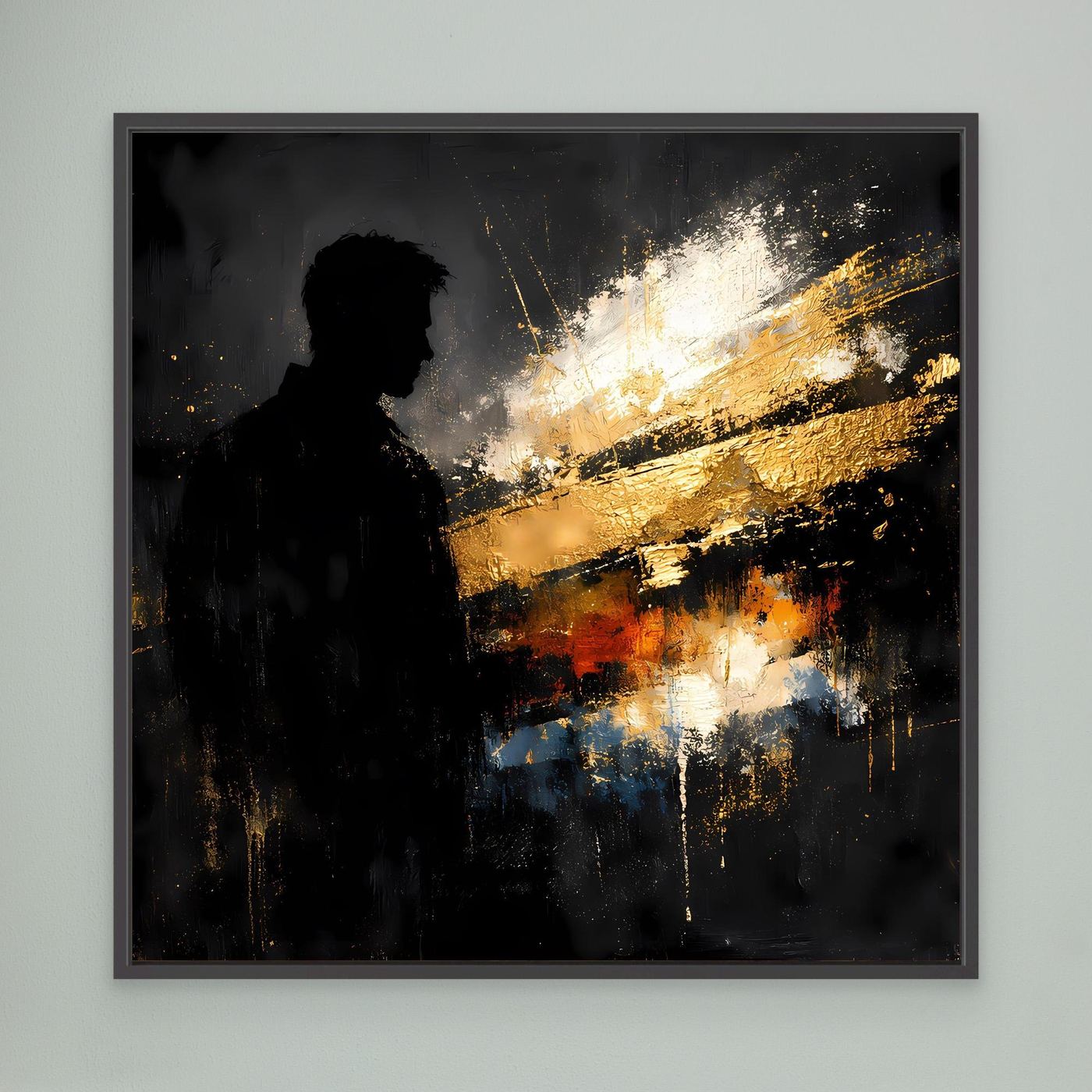 Leinwand Markante Silhouette in Gold und Schwarz | Modernes Abstraktes Männer Portrait Wandbild