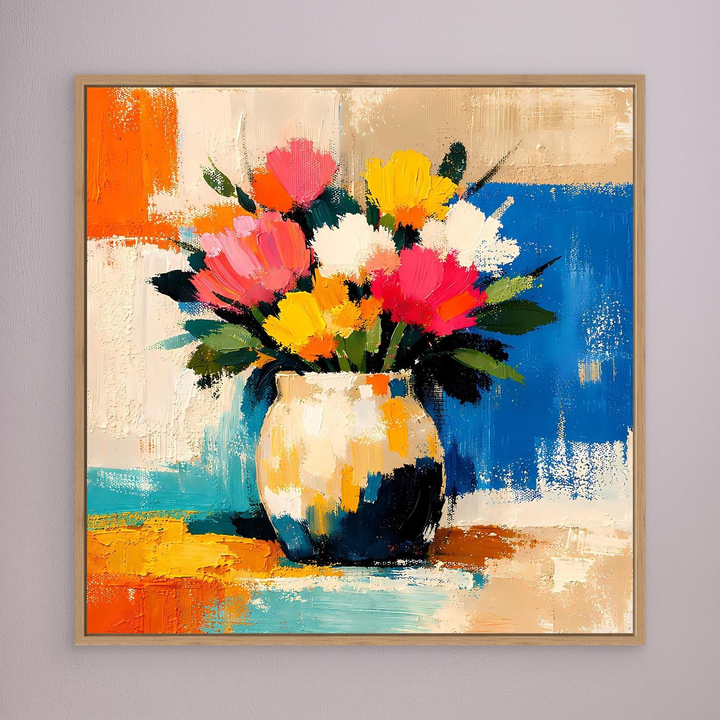 Wall art canvas of colorful bouquet in a vase, with wooden frame