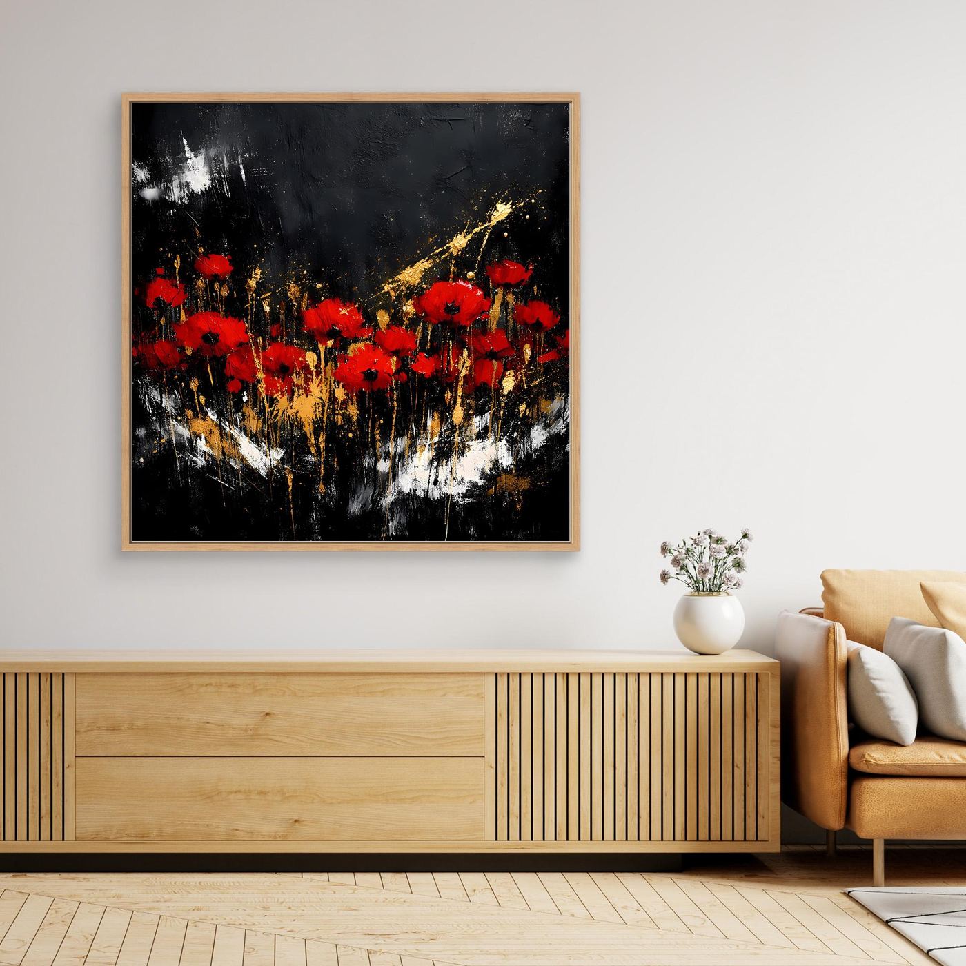Leinwand Rote Mohnblumen mit Gold-Akzenten | Modernes Florales Wandbild Abstrakt