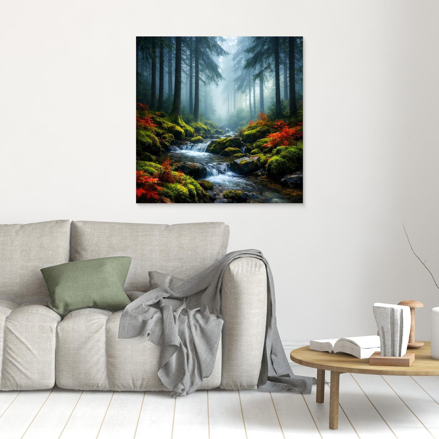 Wandbild: Waldbach im Nebel mit roten Sträuchern und Moospolstern, ohne sichtbaren Rahmen