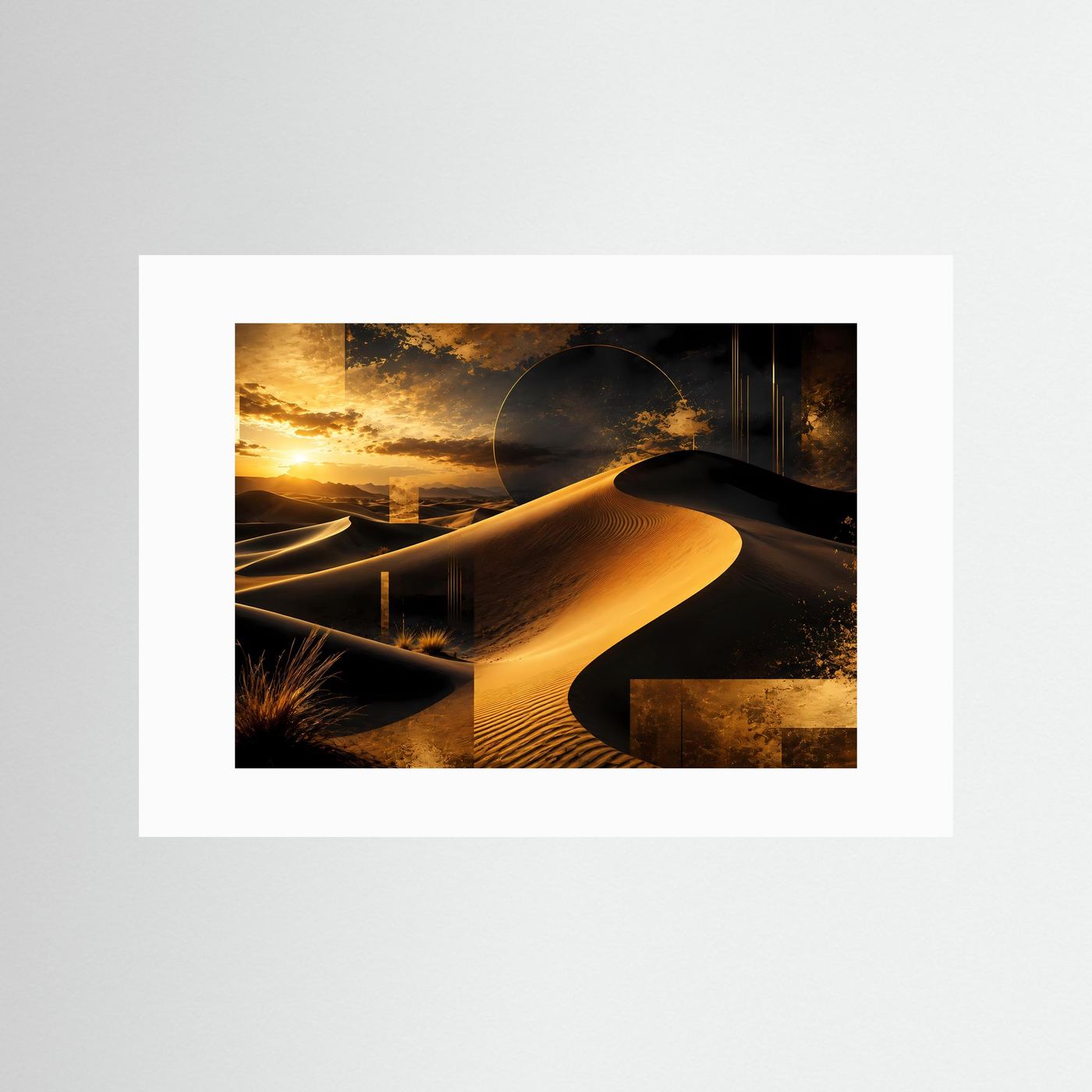 Wüstenposter mit goldener Sanddüne und Sonnenuntergang, weißes Passepartout