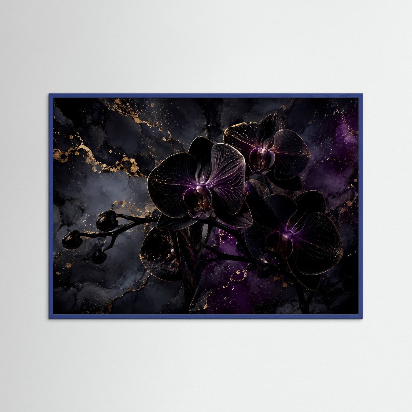 Schwarze Orchideen in Gold & Violett | Luxuriöses Florales Wandbild Querformat
