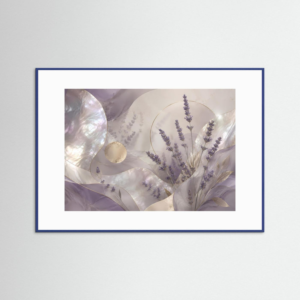 Querformat-Poster mit abstrakter Lavendel-Botanik, lila und Goldtönen, blauer Holzrahmen