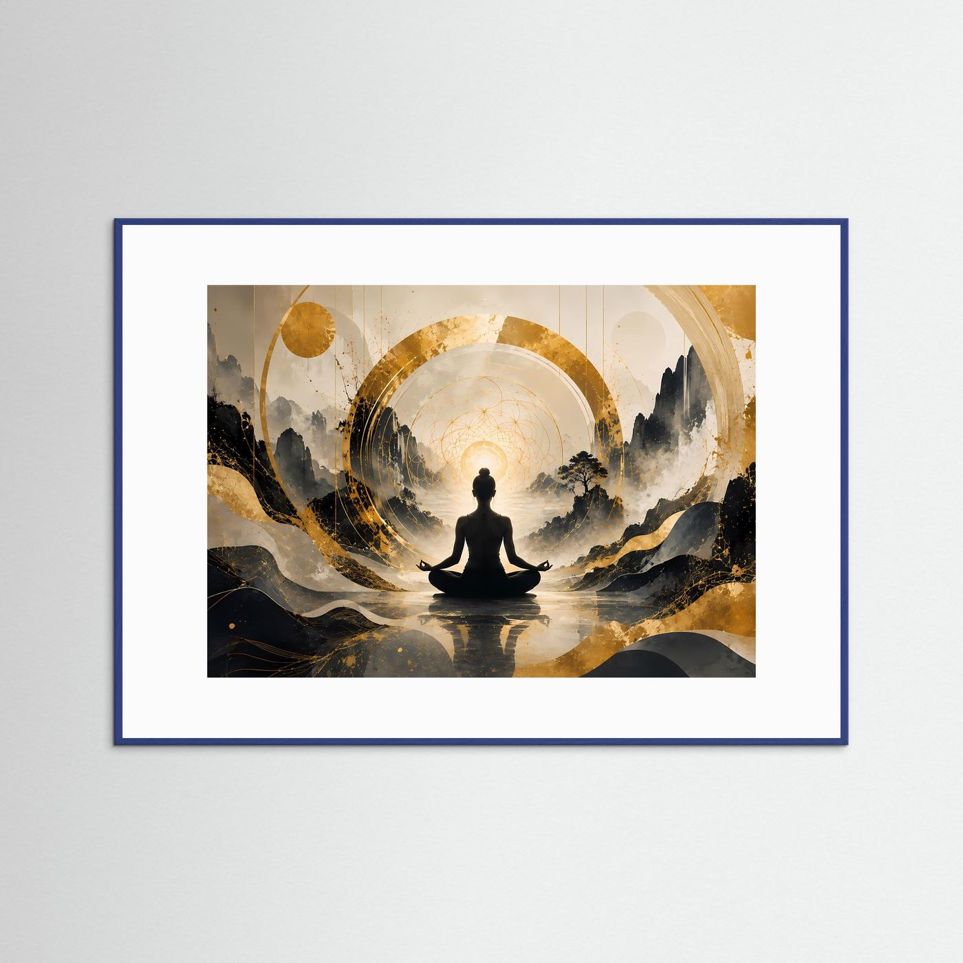 Meditierende Frau in Berglandschaft | Spirituelle Kunst in Schwarz & Gold