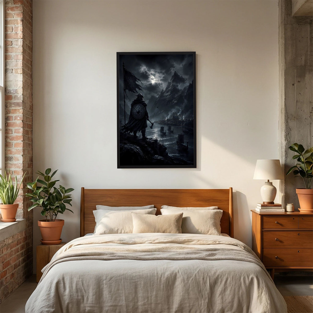 Hochformat-Poster mit Wikingerkrieger im Mondlicht, schwarzer Rahmen