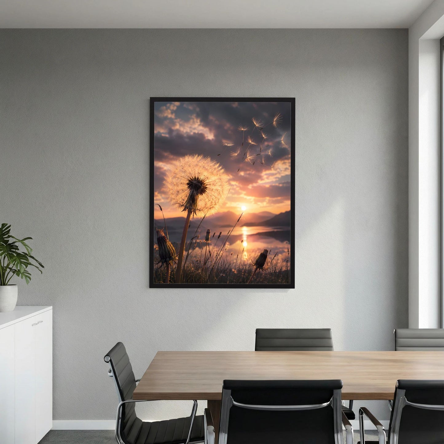 Hochformatiges Poster mit Pusteblume im Sonnenuntergang, Abendhimmel, schwarzer Rahmen