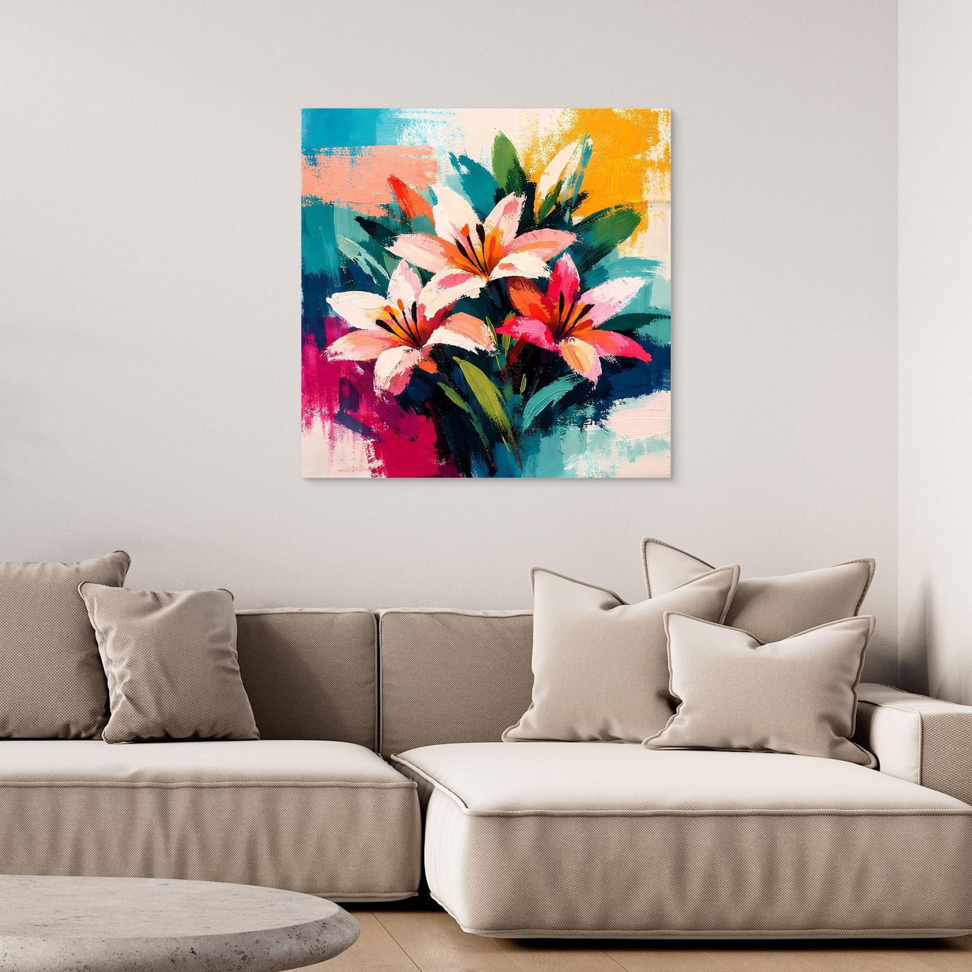 Abstract lily canvas wall art with colorful bouquet, no visible frame