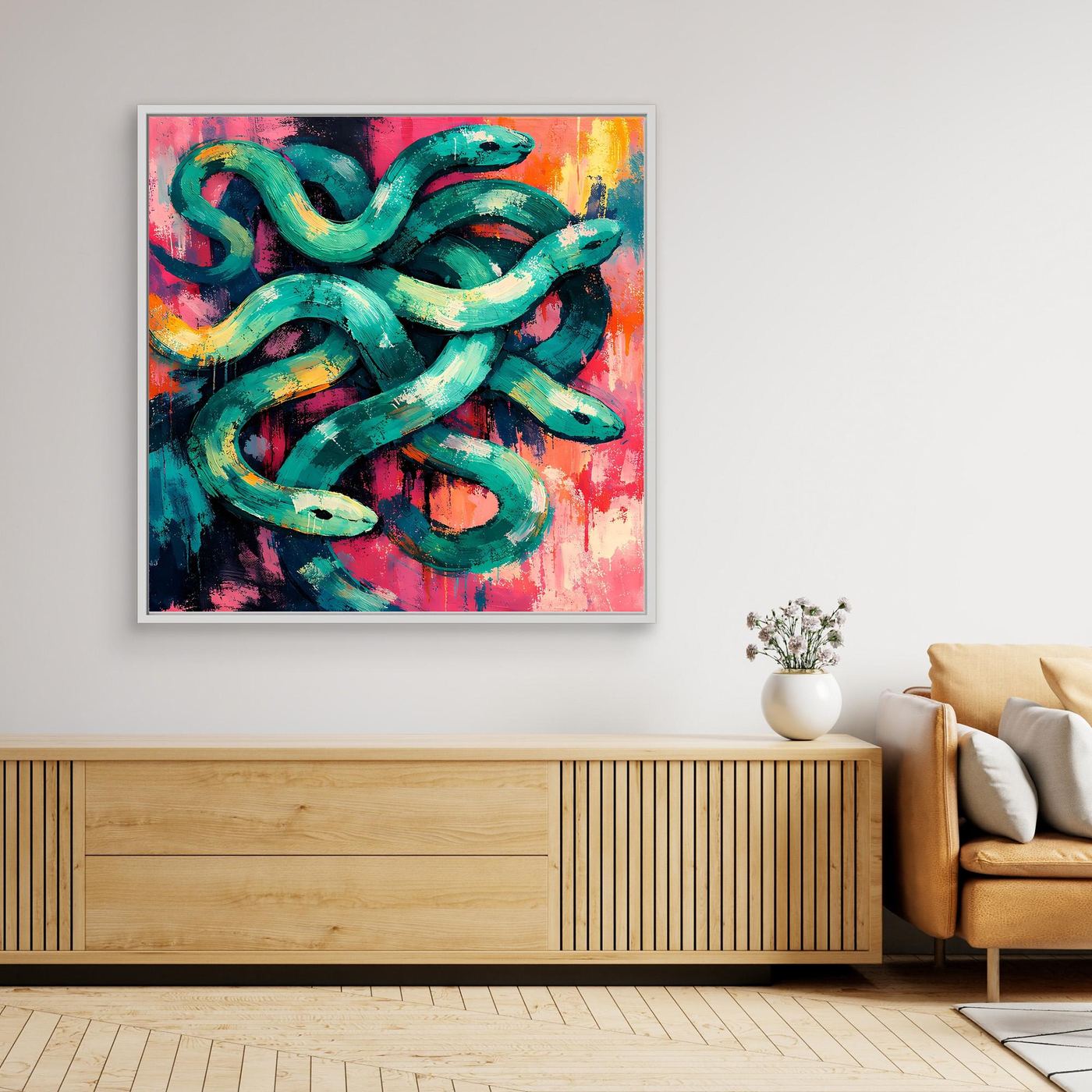 Colorful abstract snake canvas wall art with teal shapes, light frame