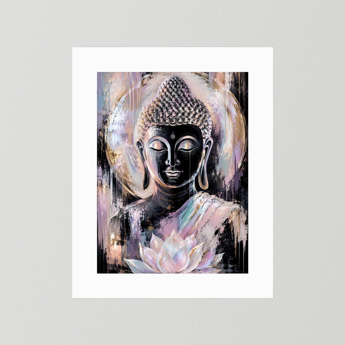 Buddha-Poster ohne Rahmen mit weißem Umrandungsschnitt, Buddha und Lotusblüte