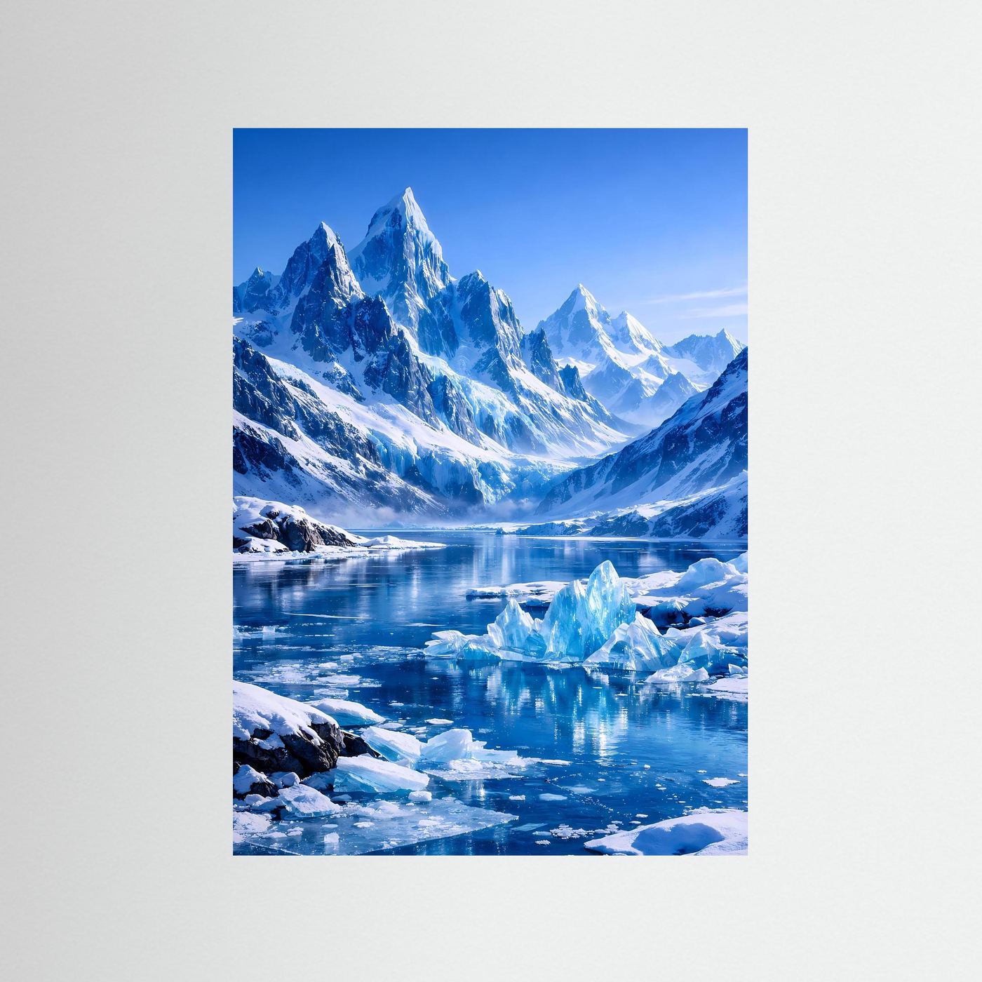 Alpin-Poster mit Gletscherlandschaft in Blau und Weiß, hochformatig