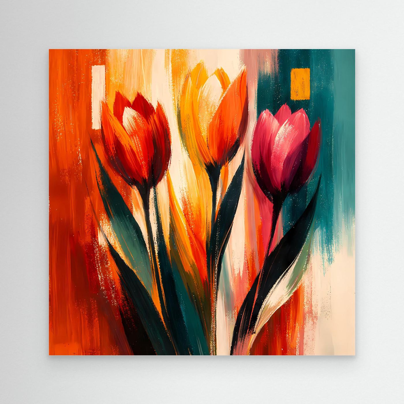 Leinwandbild mit abstrakten Tulpen, buntes Blumenmotiv ohne sichtbaren Rahmen