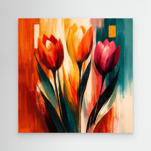 Leinwandbild mit abstrakten Tulpen, buntes Blumenmotiv ohne sichtbaren Rahmen