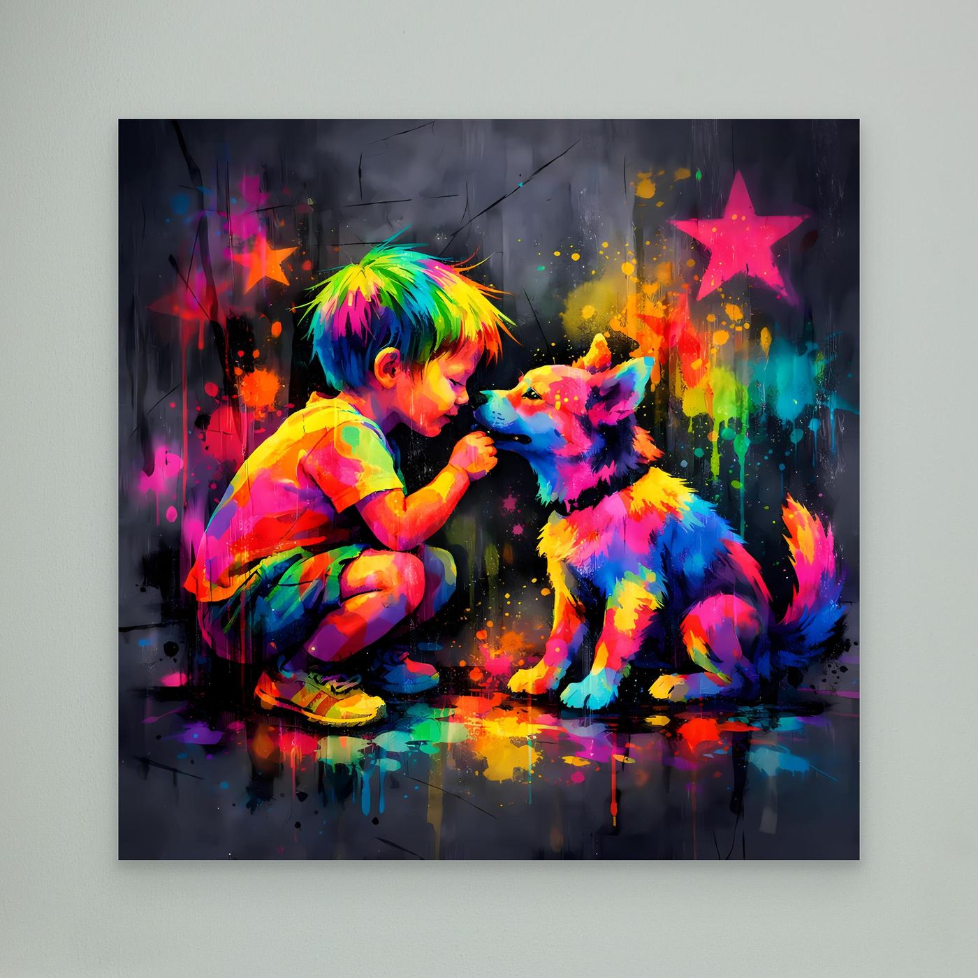 Leinwandbild ohne Rahmen: Kind und Hund im bunten Graffiti, kräftige Farbsterne