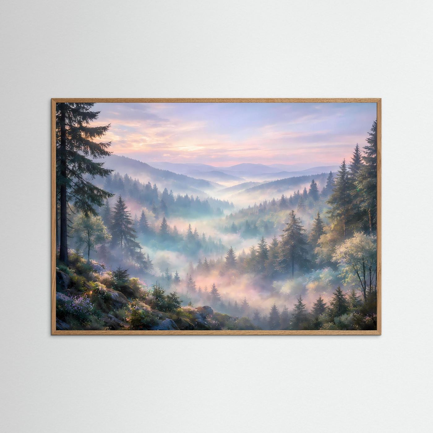 Wandposter mit Berglandschaft im Nebeltal, mit braunem Holzrahmen