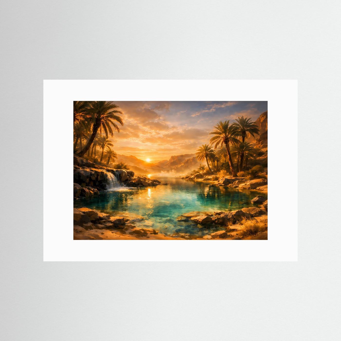 Traumhafte Oase im Sonnenuntergang | Palmen, Wasserfall & Wüste Poster Querformat
