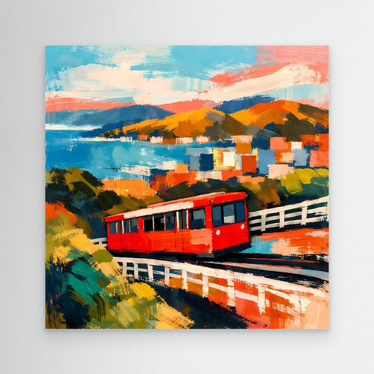 Leinwand-Wandbild: rote Seilbahn in abstrakter Küsten- und Stadtlandschaft