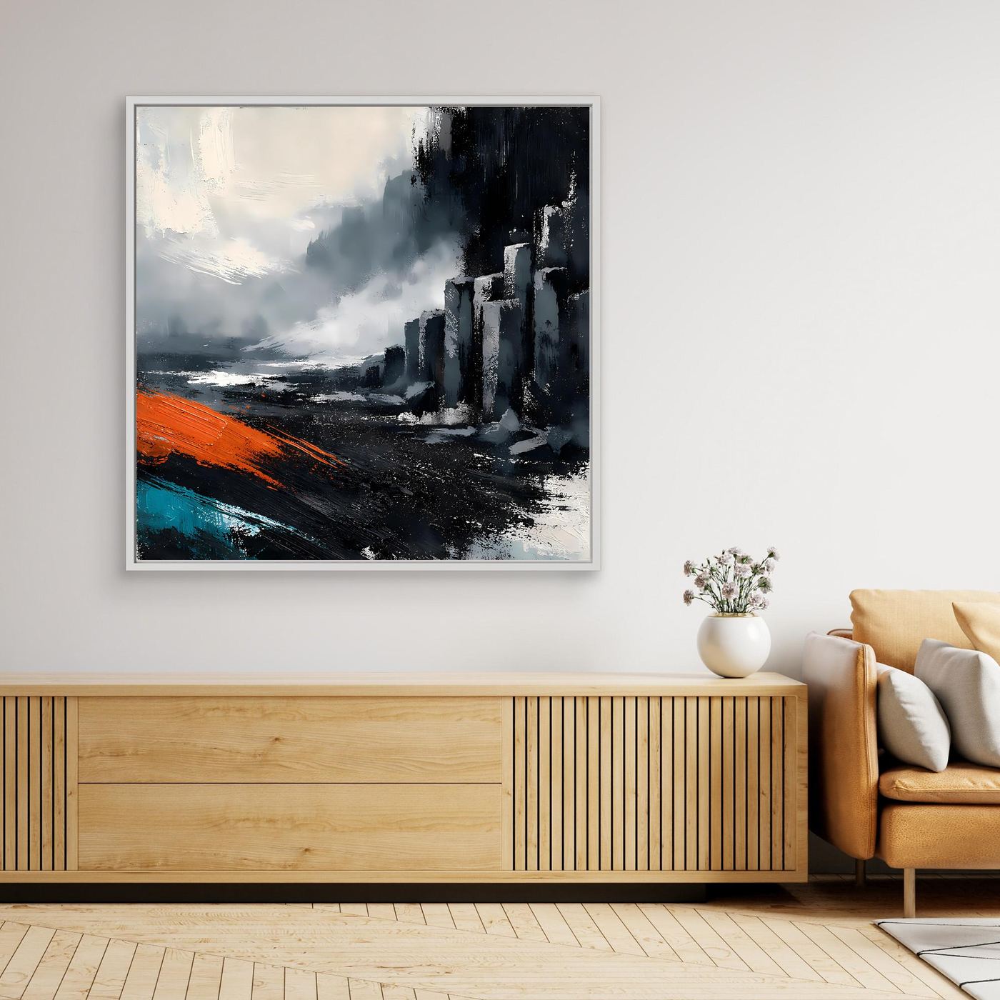 Leinwand Abstraktes Basaltsäulen Gemälde | Modernes Isländisches Vulkan Wandbild Schwarz Orange