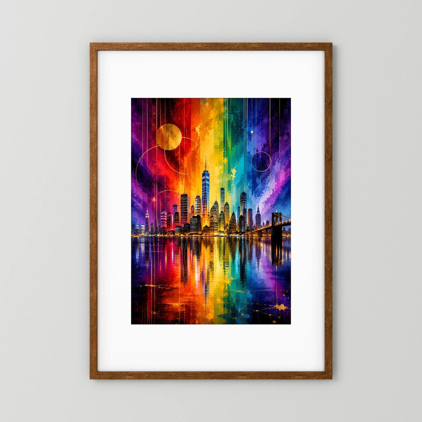 City-Poster Hochformat mit Regenbogen-Skyline, leuchtenden Reflexionen im braunen Holzrahmen