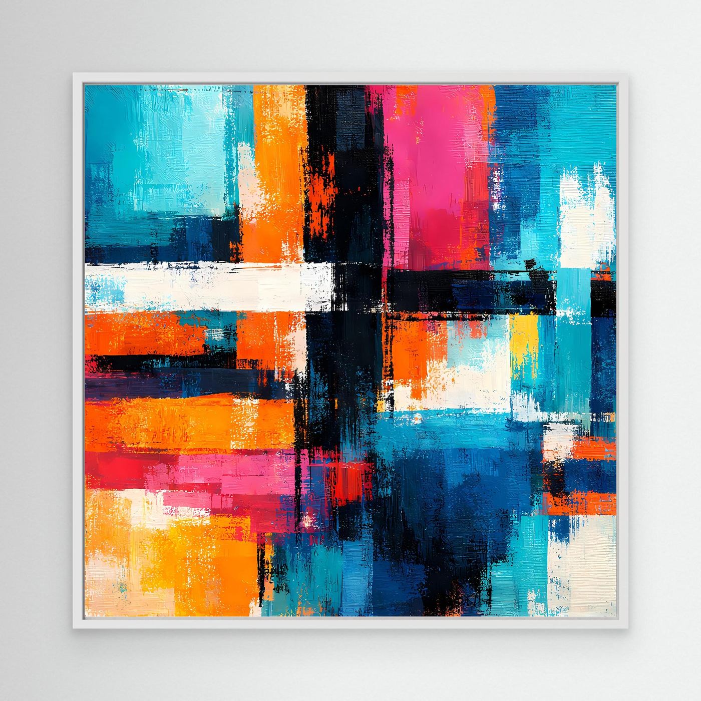 Abstract geometric canvas painting with colorful blocks and lines, white frame