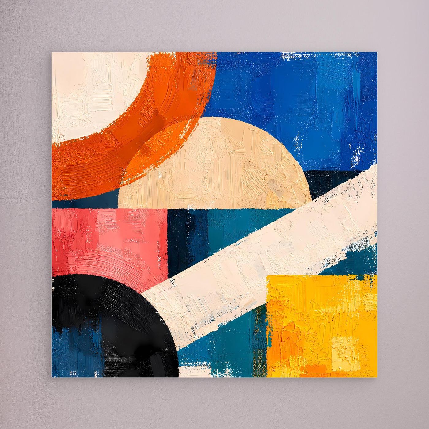 Abstract geometric canvas wall art with no visible frame, blue orange red and yellow shapes