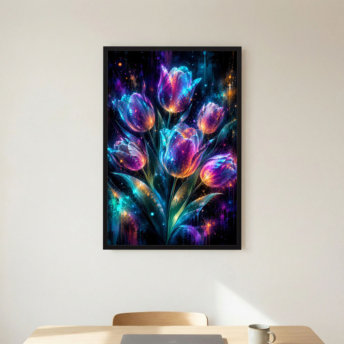 Leuchtende Tulpen in Neonfarben | Magische Blumen Kunst | Poster Hochformat