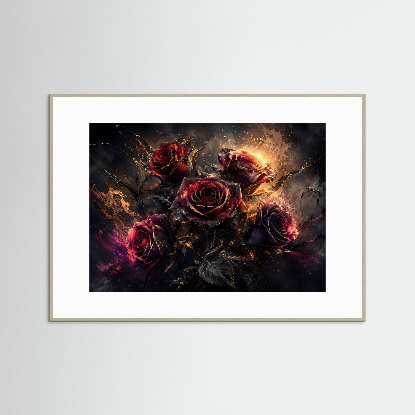 Dunkle Rosen Poster | Schwarze & Bordeauxrote Rosen mit Gold | Elegante Abstrakte Blumen Wandkunst Modern