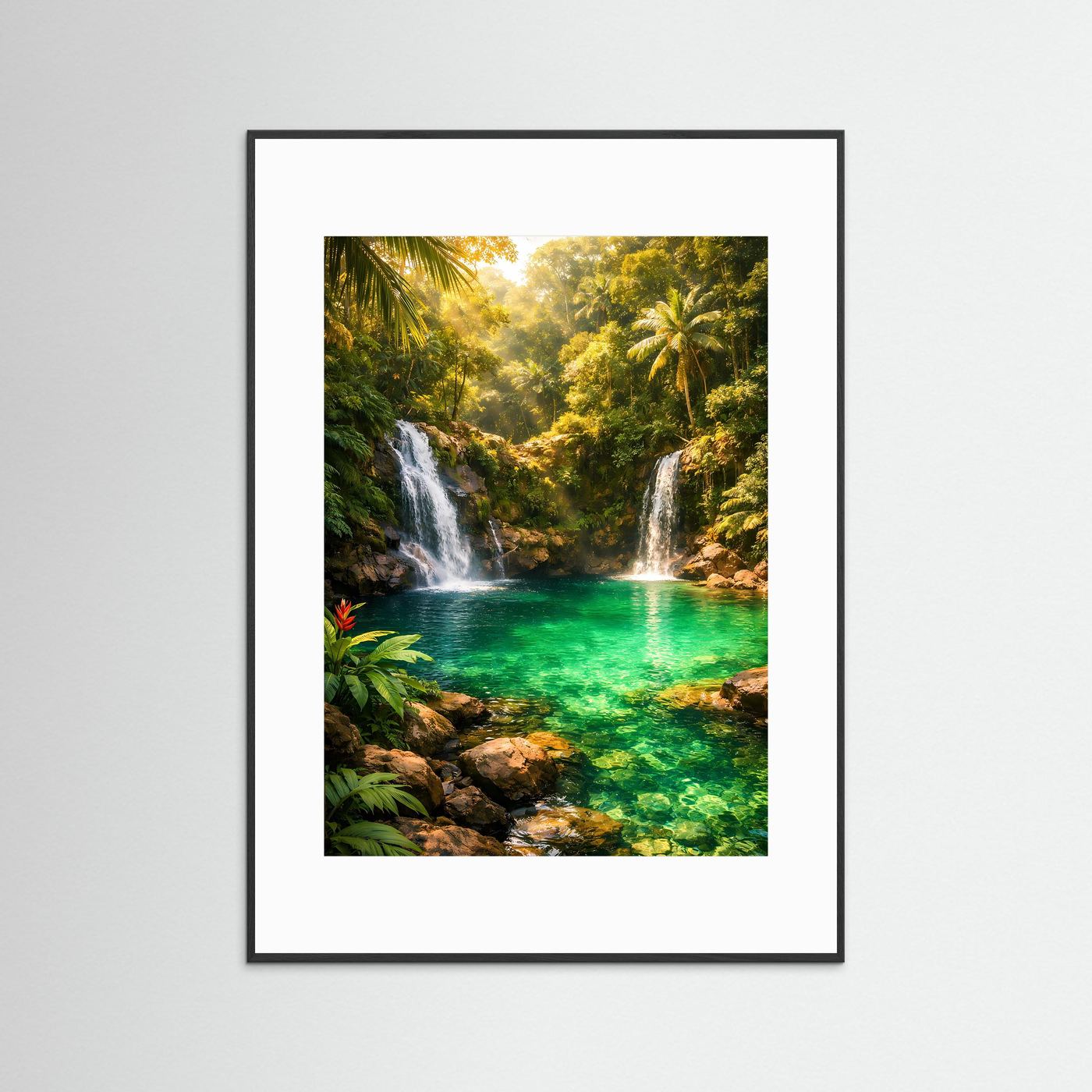 Dschungel-Poster im Hochformat mit smaragdgrünem Wasser und Wasserfällen im schwarzen Rahmen mit weißem Passepartout
