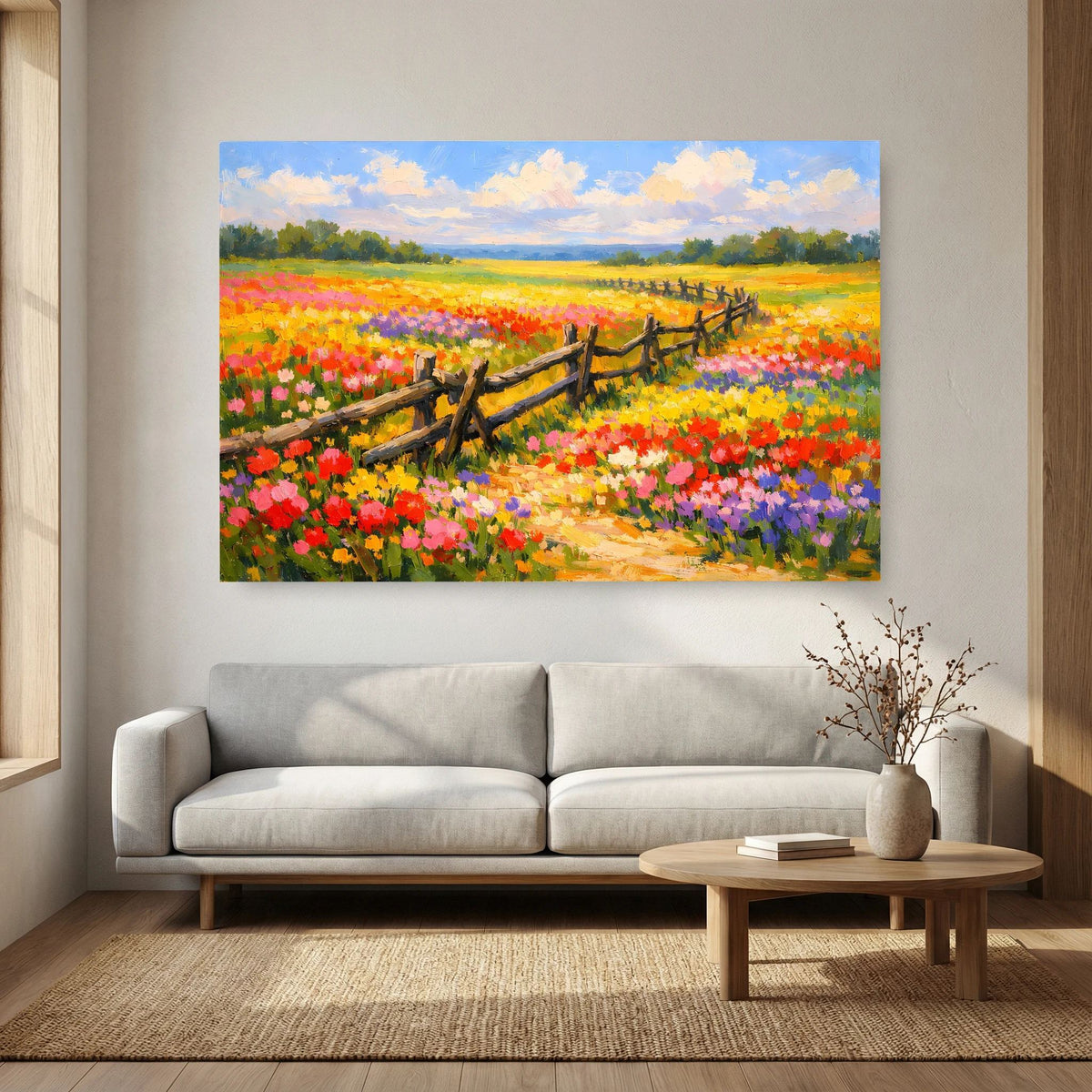 Querformatiges Wandbild mit Blumenmeer, Feldweg und Holzzaunmotiv