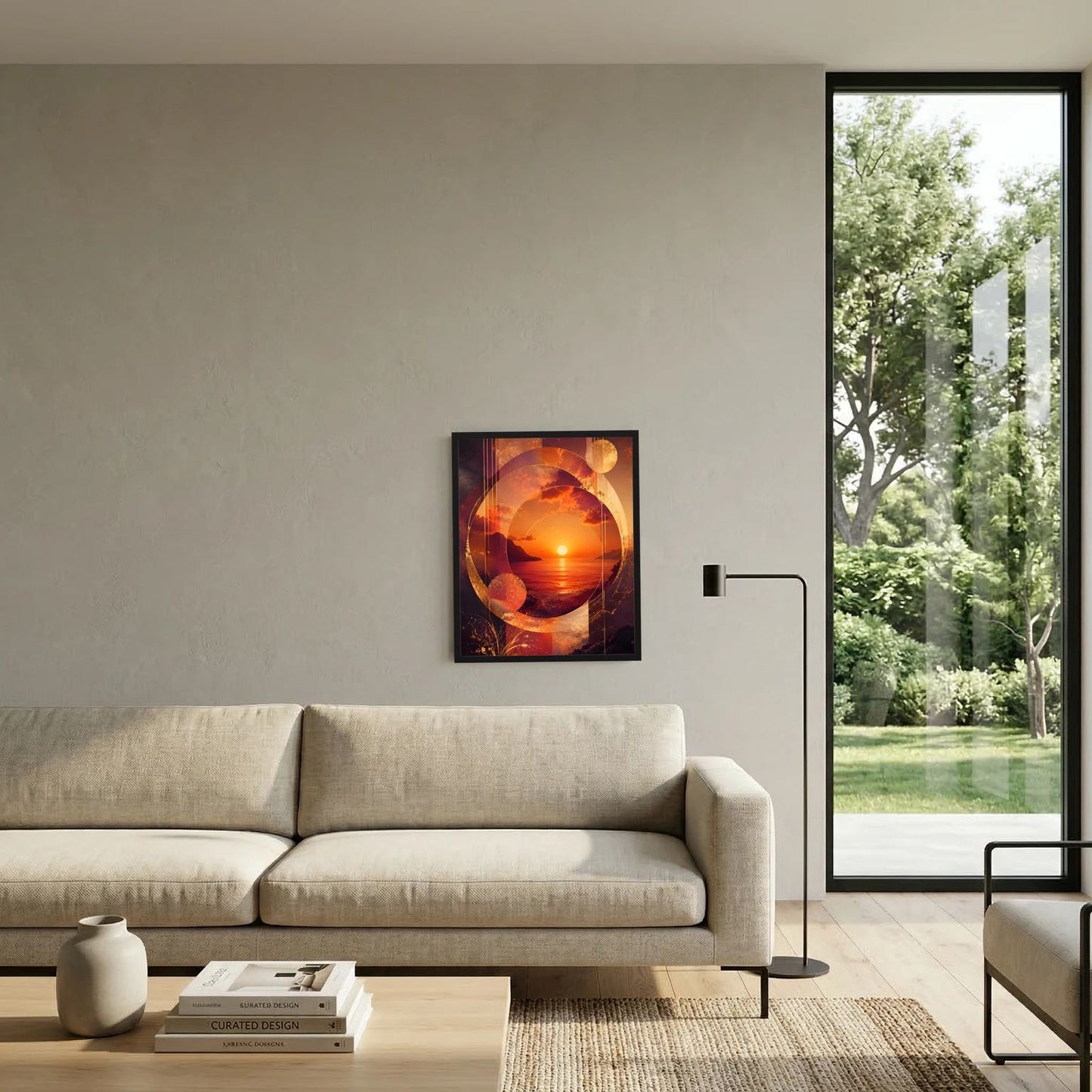 Gerahmtes abstraktes Sonnenuntergangs-Poster mit gold/orange Kreisen an Wand