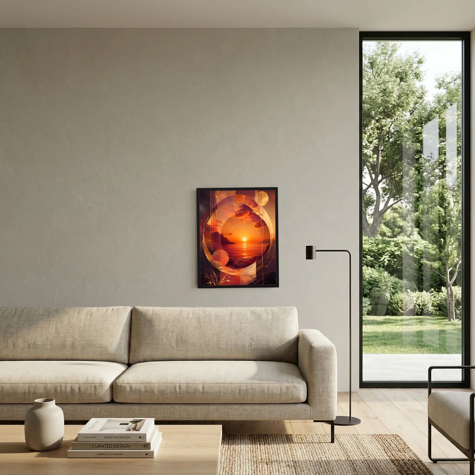 Gerahmtes abstraktes Sonnenuntergangs-Poster mit gold/orange Kreisen an Wand