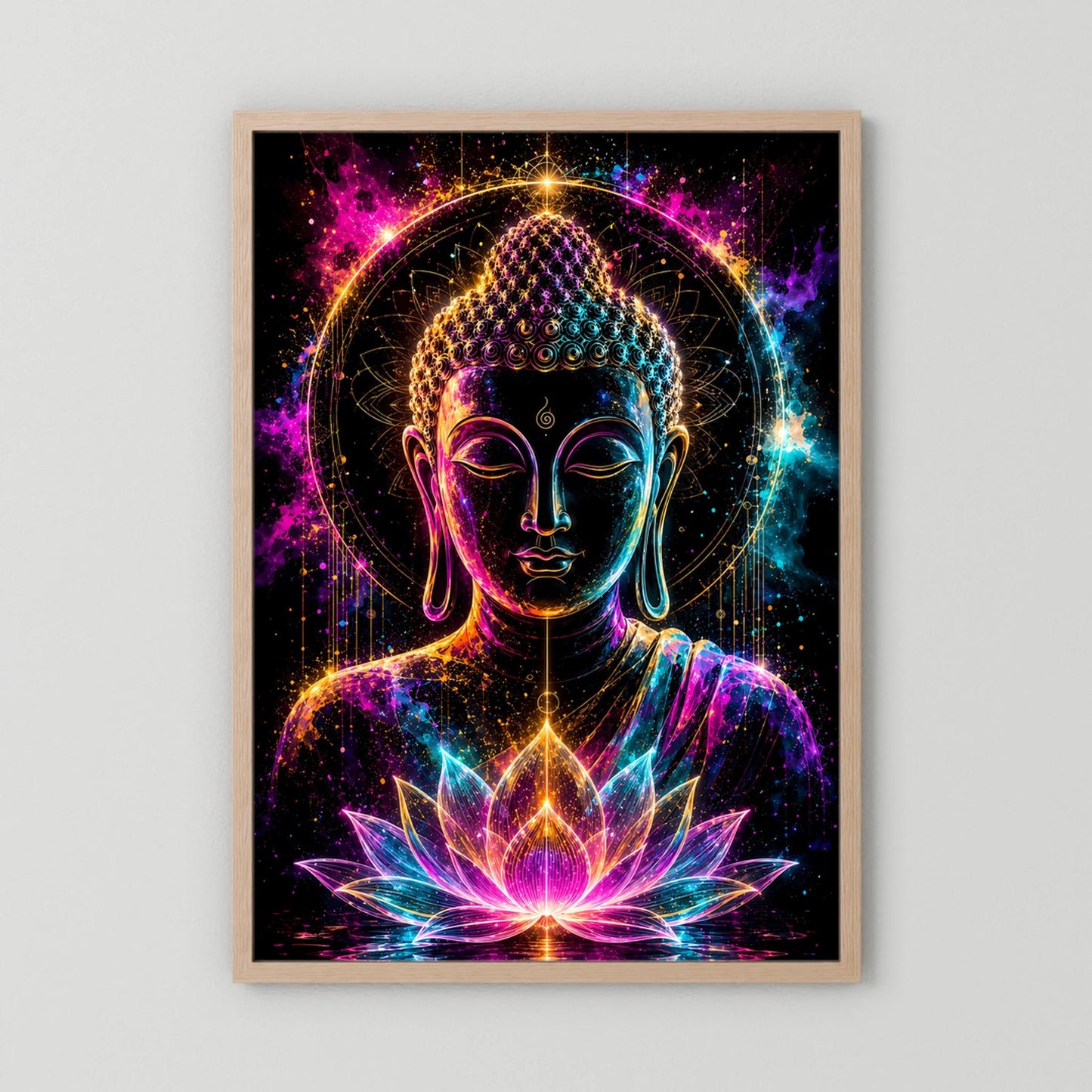 Kunstposter mit Buddha im Neon-Stil und Lotusblüte, Holzrahmen naturfarben