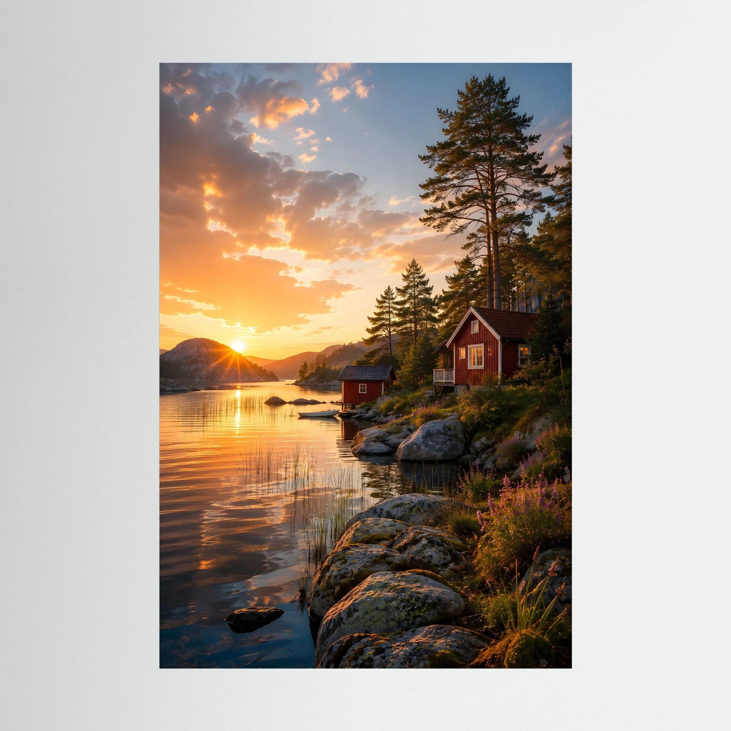 Hochformatiges Kunstposter: Sonnenuntergang am See mit roter Hütte, Uferfelsen und Bäumen