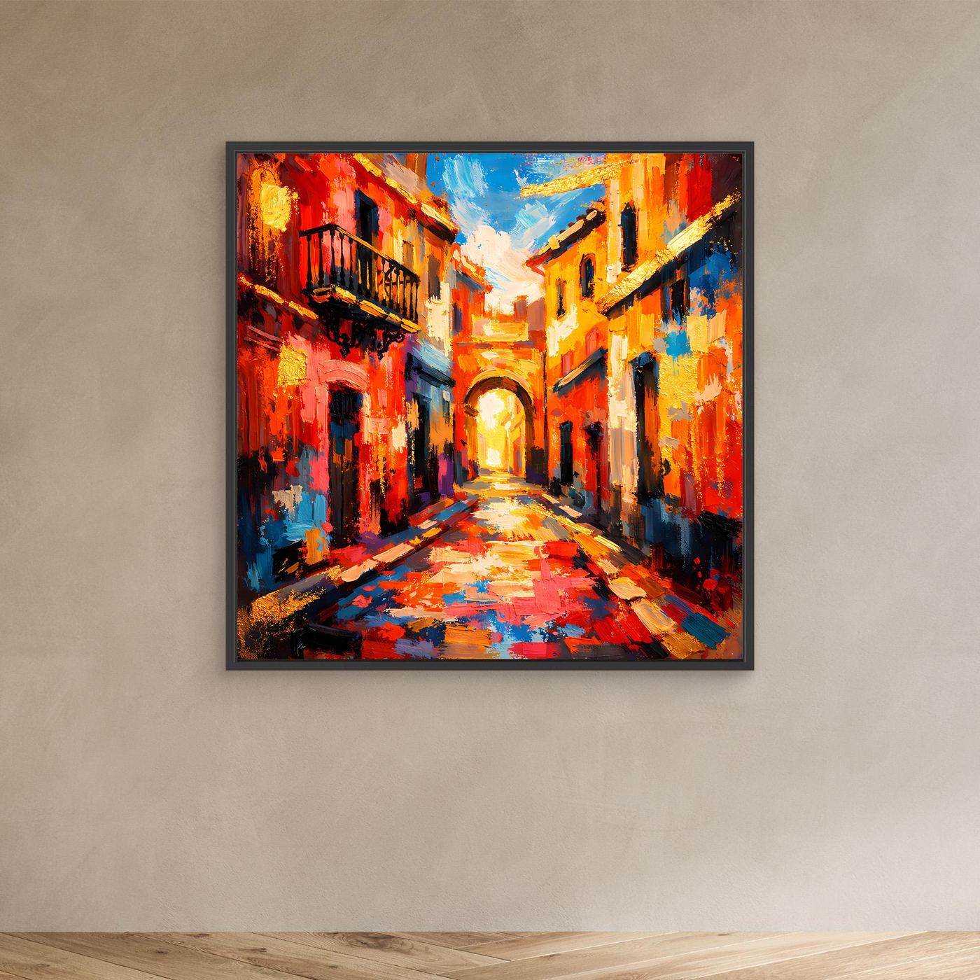 Abstraktes Leinwandbild mediterrane Altstadtgasse mit farbigen Fassaden und Pflasterweg, mit schwarzem Rahmen