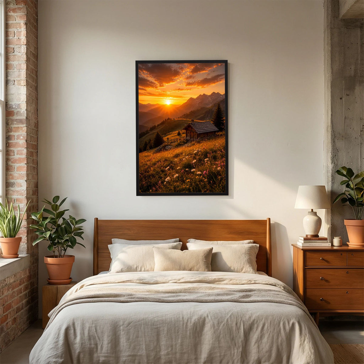 Hochformat-Poster im schwarzen Rahmen über dem Bett: Sonnenuntergang, Berge und Berghütte in der Natur