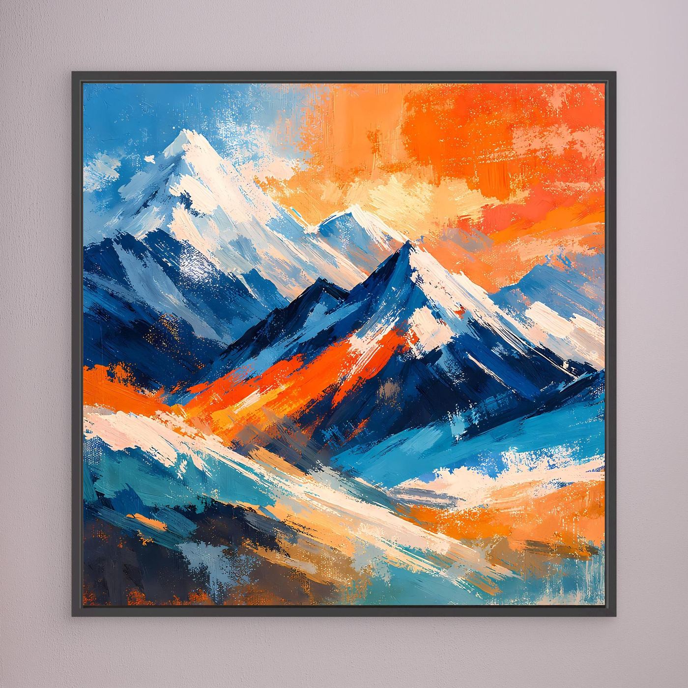 Abstraktes Leinwandbild mit bunten Bergen, Schwarzer Rahmen, blaue und orange Akzente