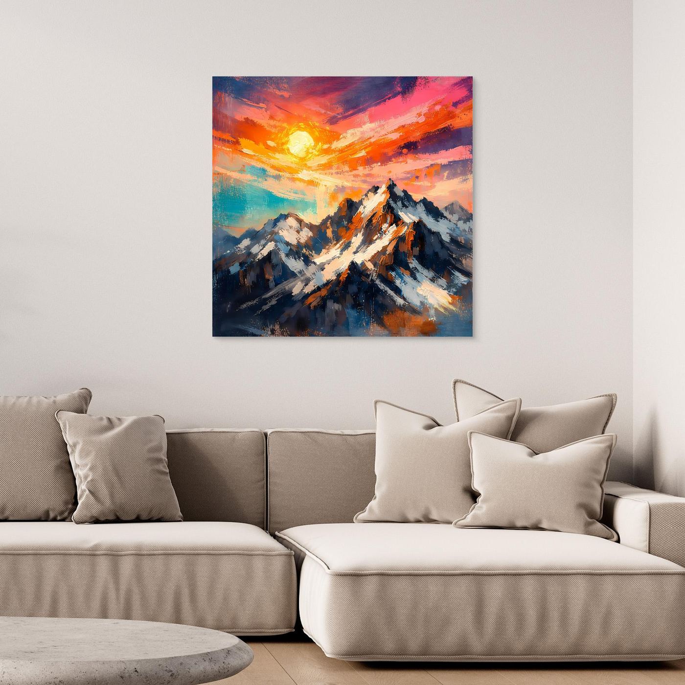 Leinwand Alpenglühen an verschneiten Berggipfeln | Abstraktes Gebirge Wandbild