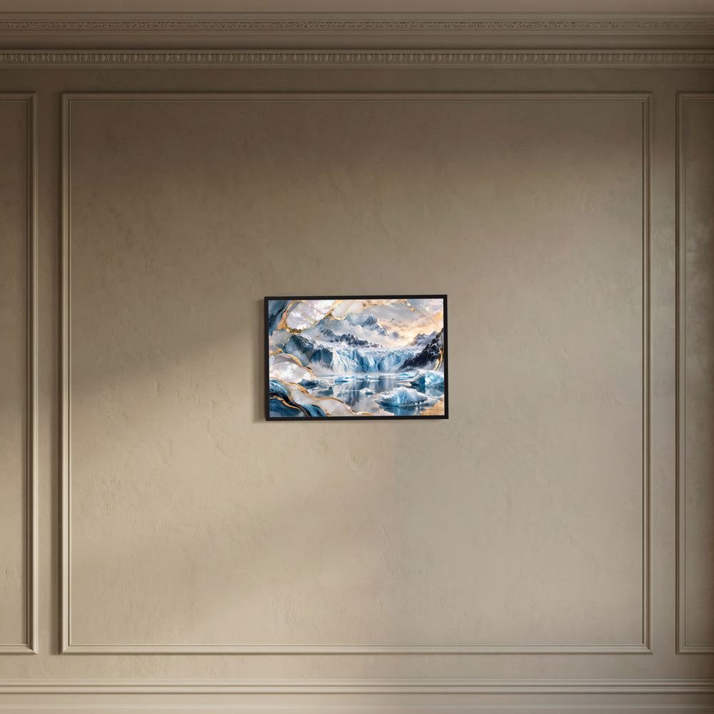 Querformat-Poster mit Gletscherlandschaft, blaues Eis und goldene Akzente, schwarzer Rahmen