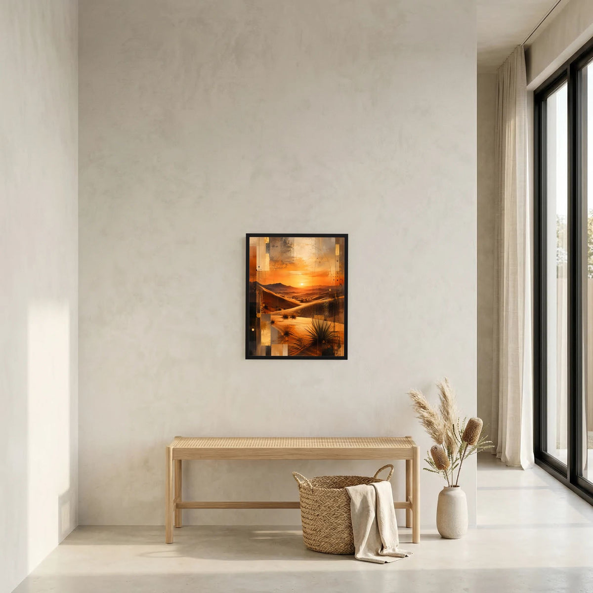 Wandposter im Rahmen: abstrakte Wüste mit Sonnenuntergang, orangefarbene Dünen, Schwarzrahmen