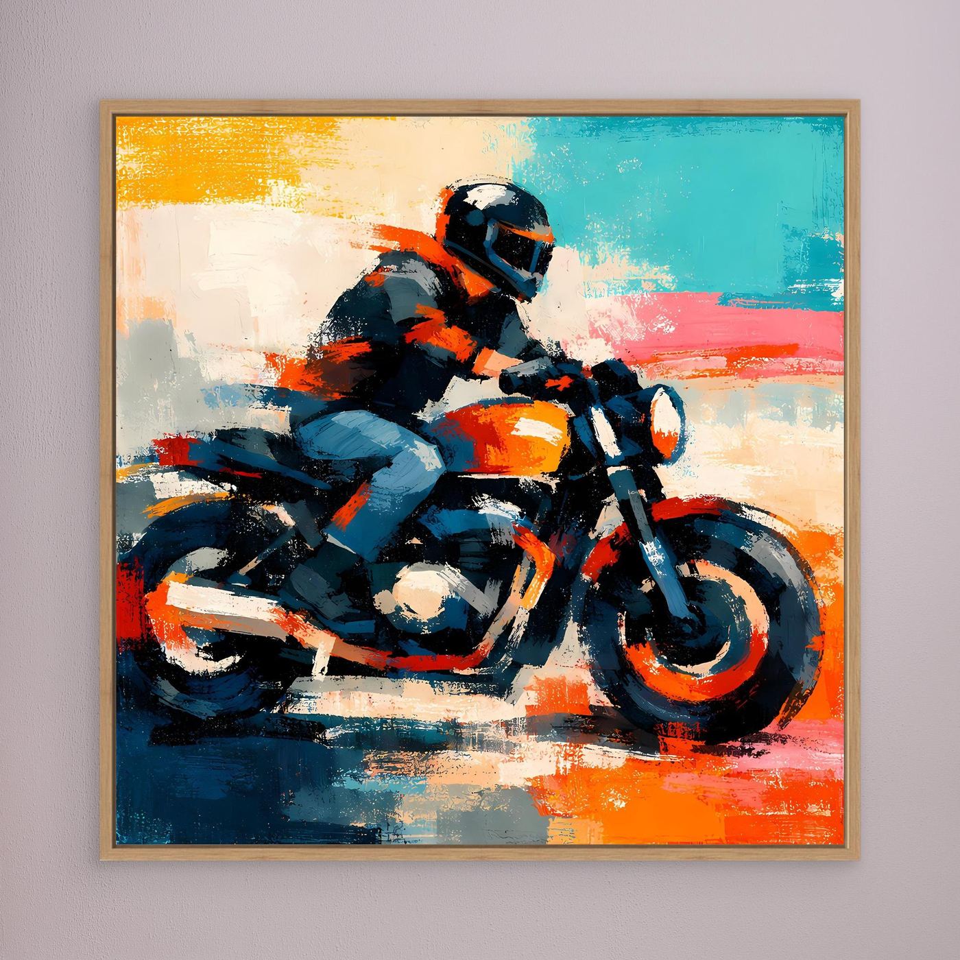 Wood-framed abstract motorcycle canvas print with blue, orange, and black motion strokes