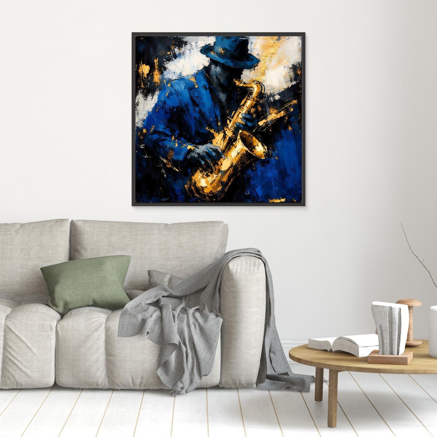 Leinwand Eleganter Jazz-Saxophonist in Blau und Gold | Abstraktes Musik Wandbild