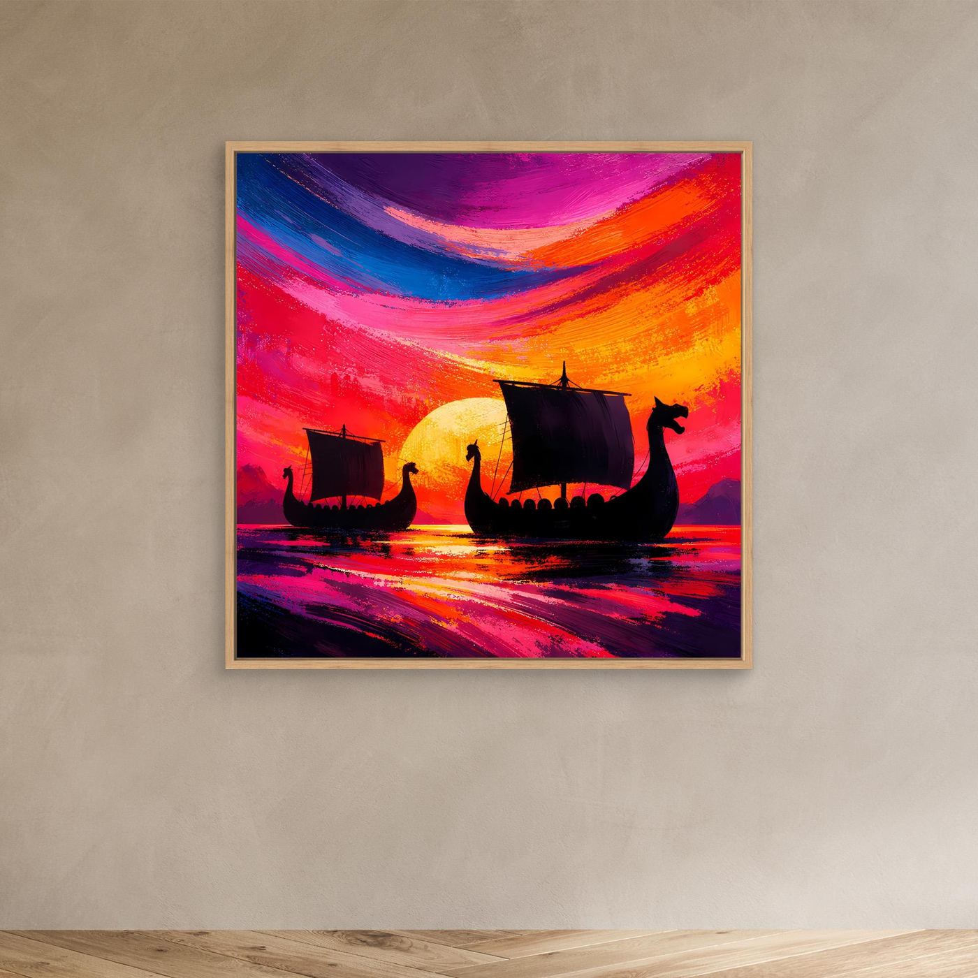 Quadratisches Leinwand-Wandbild mit Wikingerschiffen, Farbverlauf von Pink zu Orange, Eichenrahmen