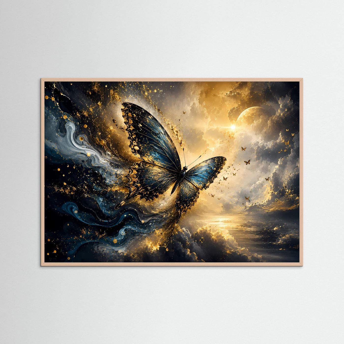 Blauer Schmetterling Poster | Mystische Schmetterling Wandkunst | Goldene Abstrakte Fantasy Kunst | Elegantes Modernes Wandbild