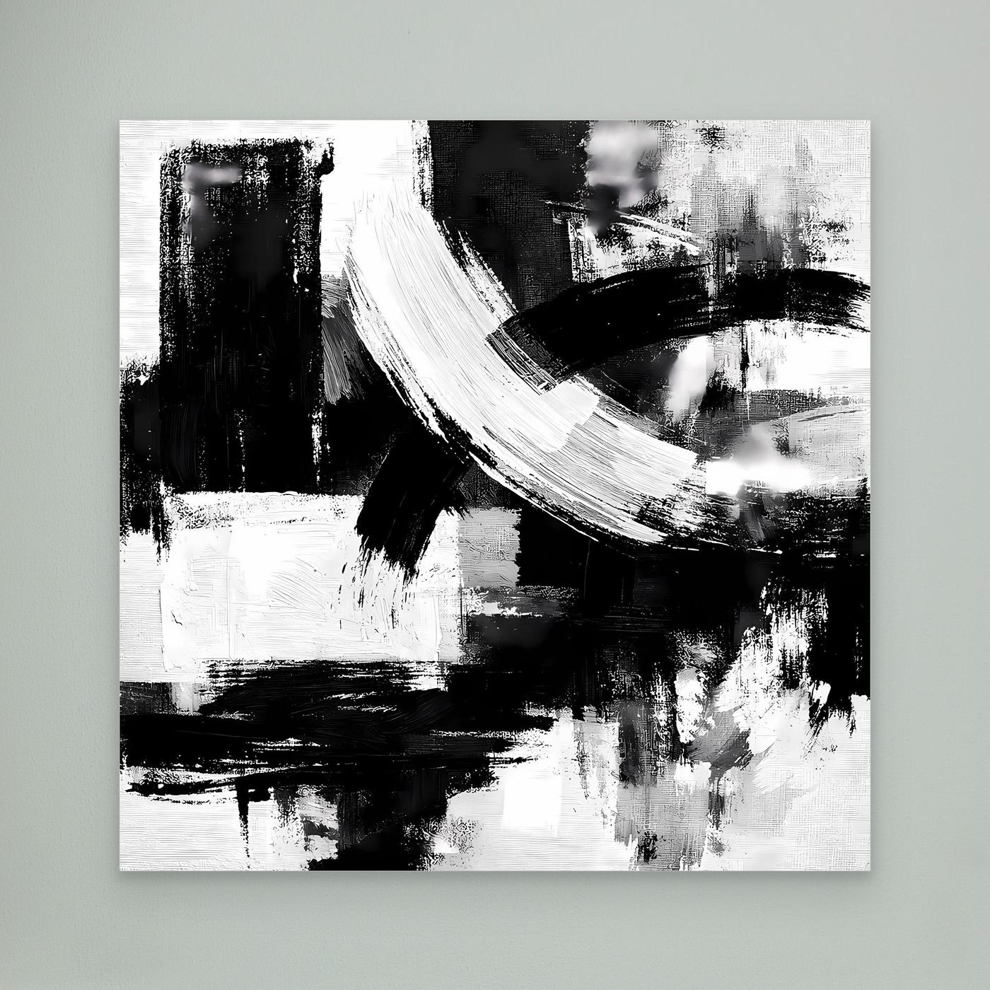 Black-and-white abstract brushstroke canvas wall art, minimalist, close-up, no frame