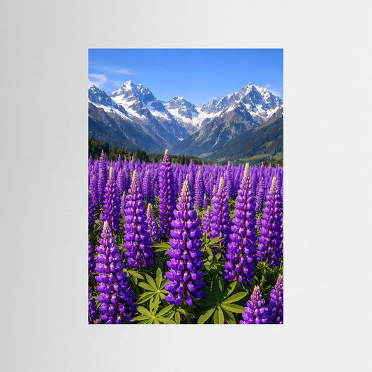 Poster Lupinenfeld vor Bergkulisse | Lila Blumenwiese Wandbild